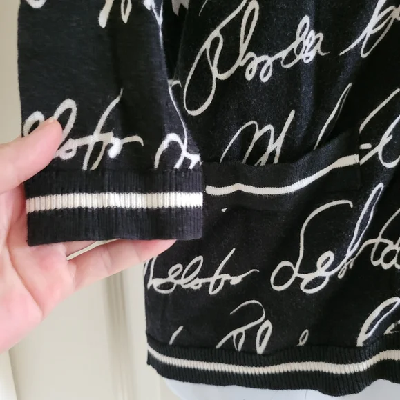7th Avenue | Cute Black/White Script 3/4 Sleeve Knit Cardigan (SIZE M) - Picture 8 of 13